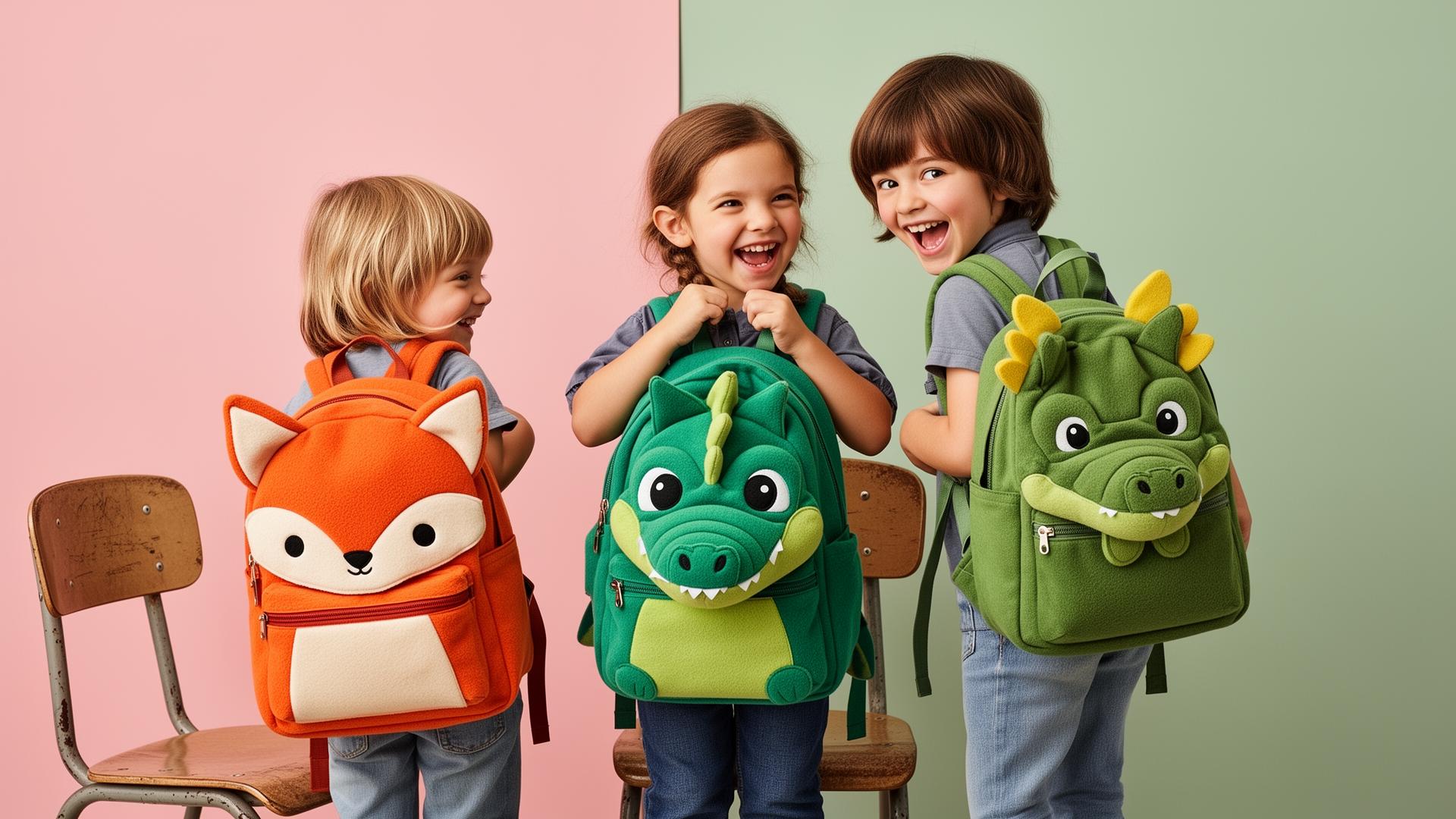 Crianças felizes com mochilas Lilliputiens em formato de animais